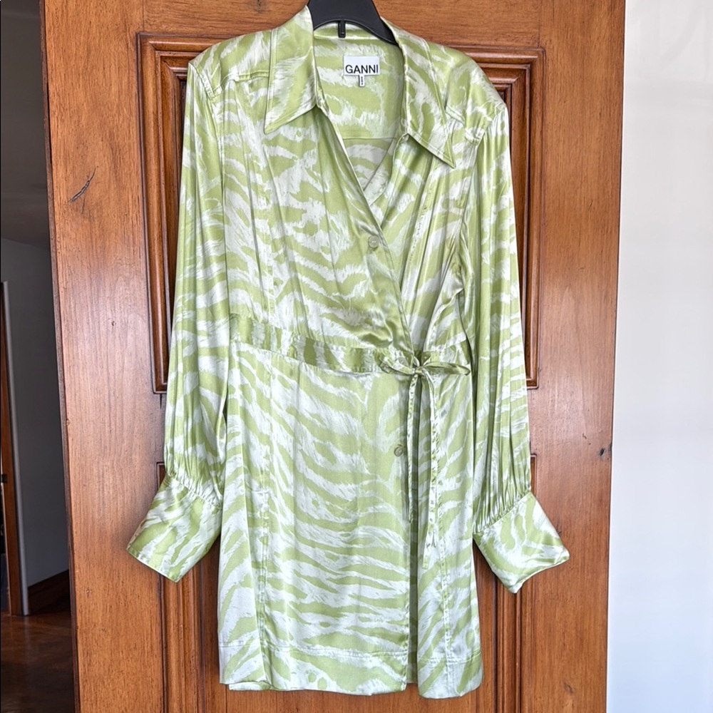 Ganni Green Zebra Print Silk Wrap Dress